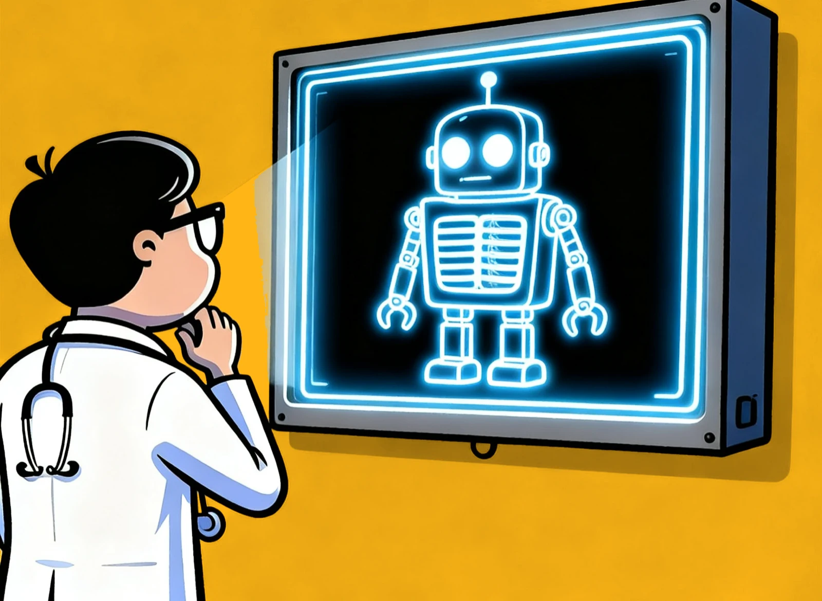 Cartoon Wordnerds doctor studying an x-ray light box that reveals a friendly robot inside — a lighthearted nod to running a diagnostic on your customer feedback