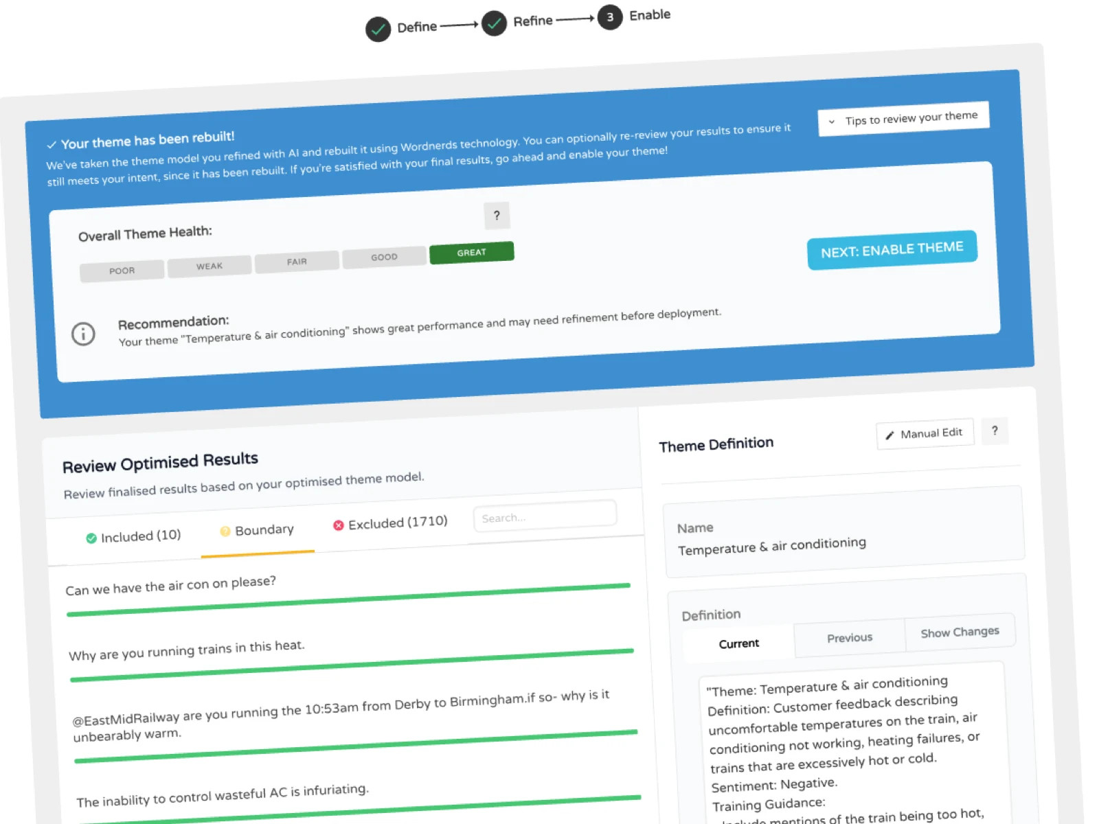 Automated NLP classification transforming unstructured customer feedback into structured, labelled, comparable themes via the Wordnerds five-step data pipeline