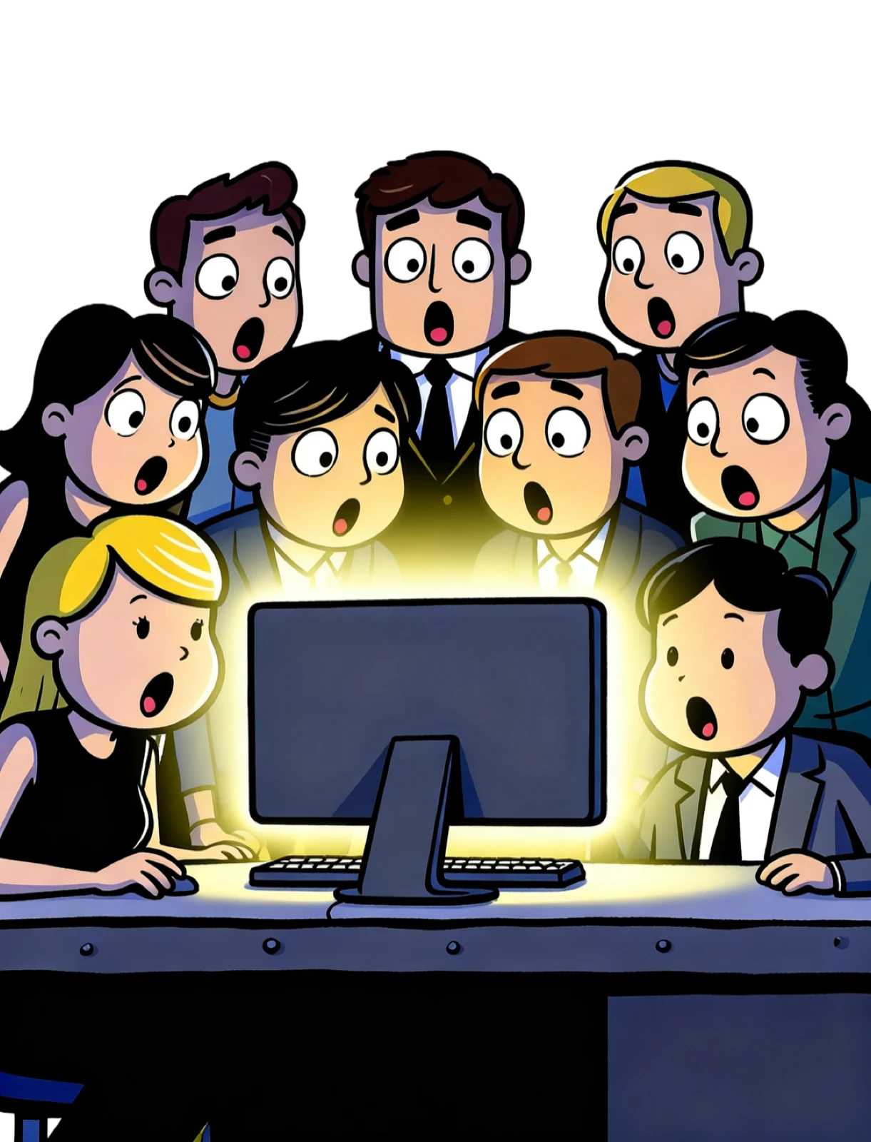 A group of colleagues gathered around a glowing screen, looking astonished at what they see.